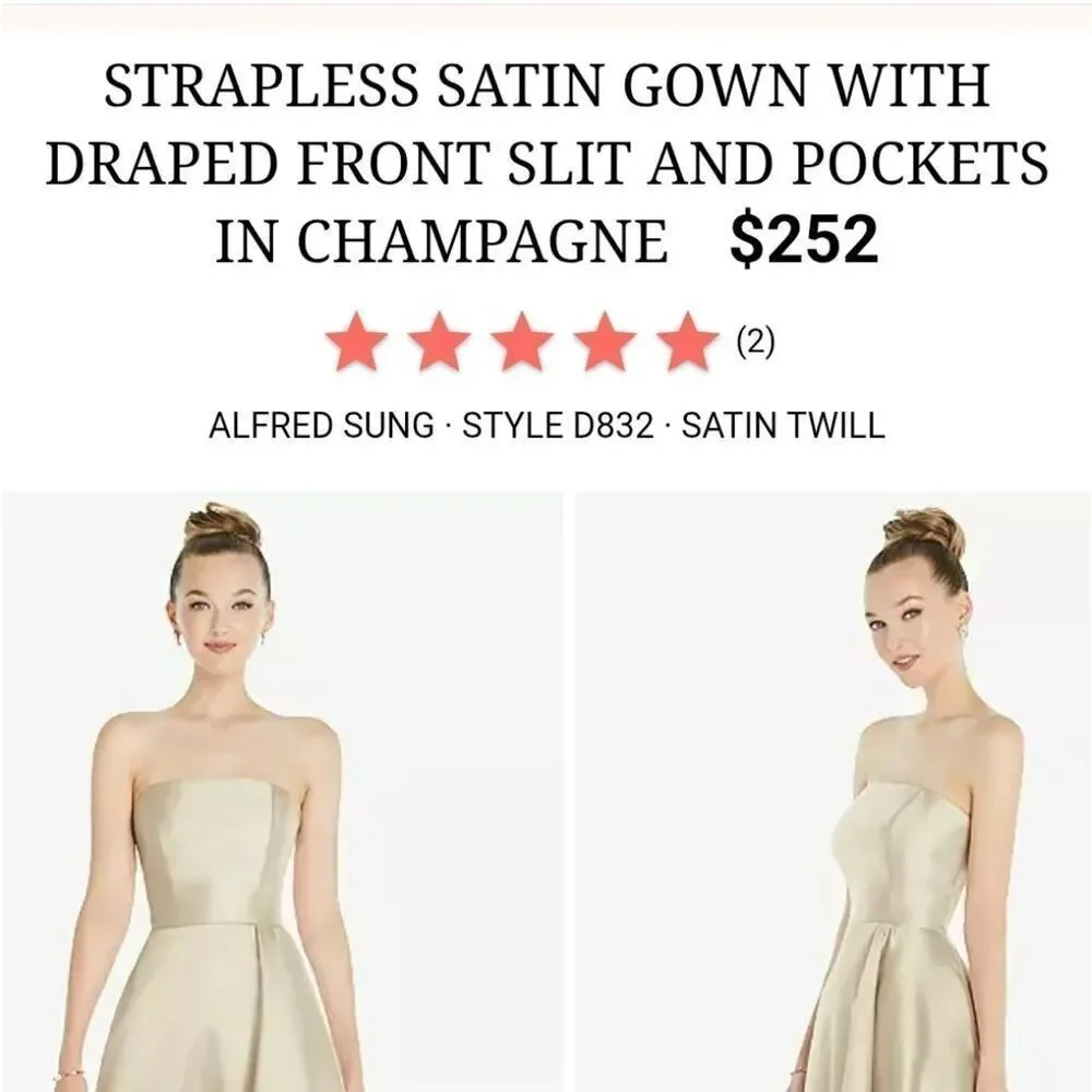 Alfred Sung Strapless Satin Gown Draped Front Slit Pockets Champagne 6 - Picture 13 of 14